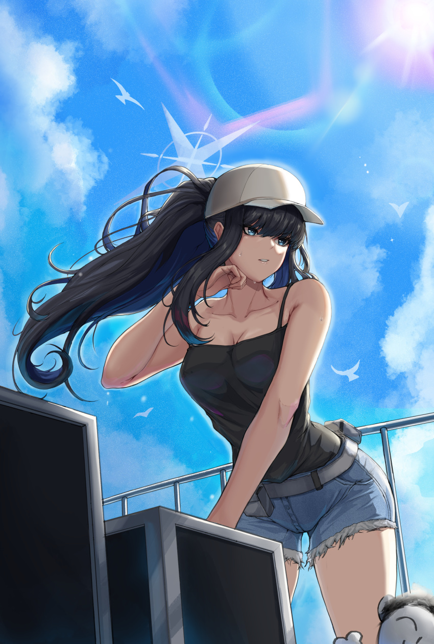 1girl absurdres bird blue_archive blue_eyes blue_hair box breasts cloud cloudy_sky collarbone dated_commentary denim denim_shorts doodle_sensei_(blue_archive) halo highres long_hair mixed-language_commentary ponytail saori_(blue_archive) saori_(swimsuit)_(blue_archive) sensei_(blue_archive) shorts sky solo sun sweat