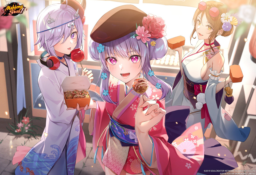 3girls absurdres beret blue_flower box breasts brown_eyes brown_hair brown_headwear candy_apple commentary english_commentary eyewear_on_head floral_print_kimono flower food hair_flower hair_ornament hair_over_one_eye hat headphones headphones_around_neck highres holding holding_box holding_food japanese_clothes kimono logo looking_at_viewer mahjong_soul mask multiple_girls official_art oni_mask open_mouth pink_eyes pink_flower pink_kimono purple_hair standing suzumiya_anju takanashi_hinata takoyaki terasaki_chihori tongue tongue_out wave_print