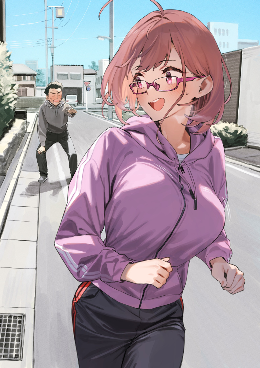 1boy 1girl 92m :d absurdres ahoge black_pants blue_sky breasts brother_and_sister commentary_request day faceless faceless_male highres jacket kinshi_no_ane large_breasts looking_at_another open_mouth original otouto_(92m) outdoors pants pink-framed_eyewear pink_eyes pink_jacket red_hair road running short_hair siblings sky smile street translation_request
