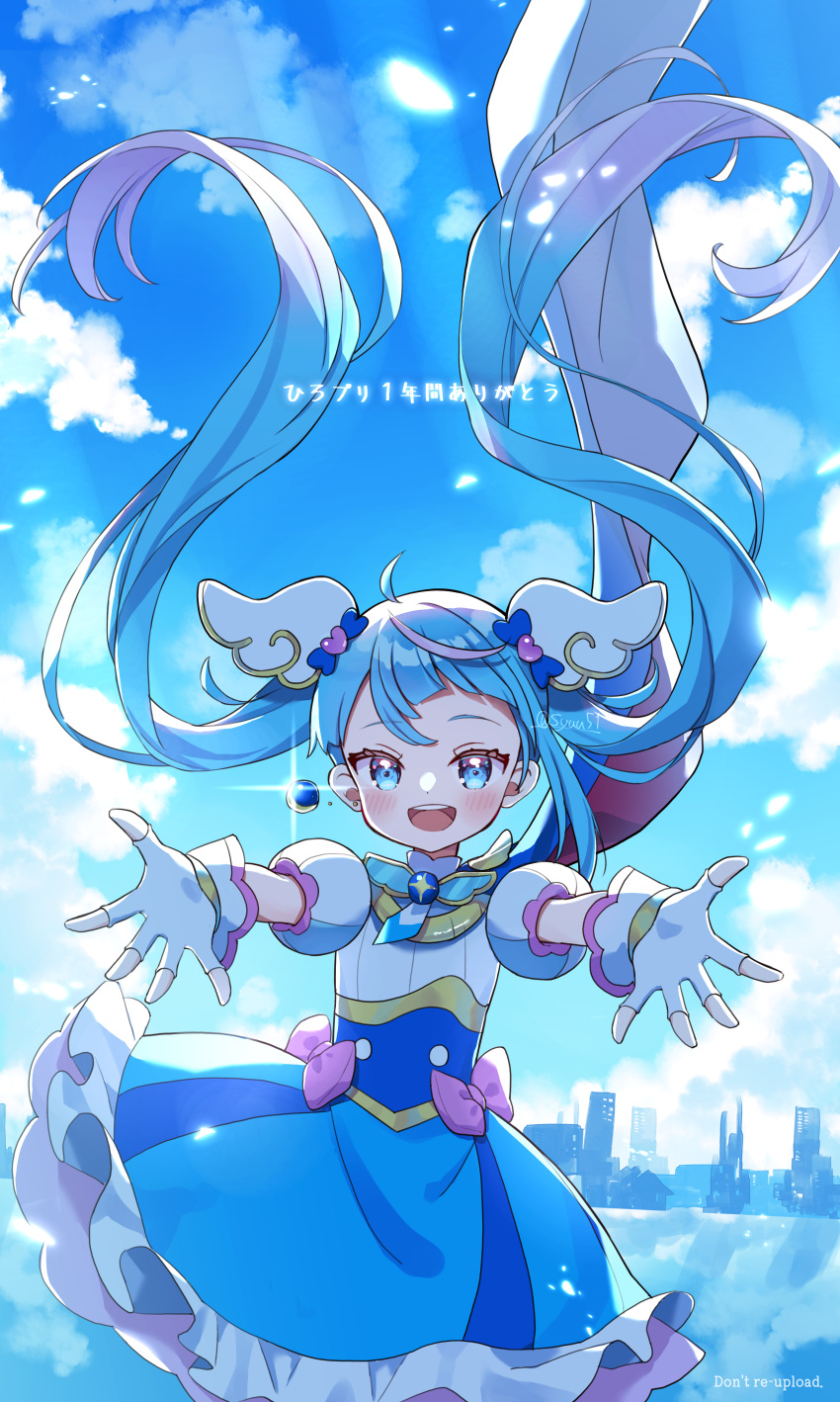 1girl absurdres blue_dress blue_eyes blue_hair blue_sky bow brooch cityscape cloud cloudy_sky commentary cure_sky cut_bangs day detached_sleeves dress dress_bow earrings fingerless_gloves frilled_dress frills gloves highres hirogaru_sky!_precure jewelry light_particles long_hair looking_at_viewer magical_girl multicolored_hair open_mouth outdoors pink_hair precure puffy_detached_sleeves puffy_sleeves reaching reaching_towards_viewer short_dress shuu_(mniarnoakou) single_earring single_sidelock sky smile solo sora_harewataru standing streaked_hair thank_you translated twintails twitter_username two-tone_dress two-tone_hair very_long_hair white_dress white_gloves wind wing_brooch wing_hair_ornament