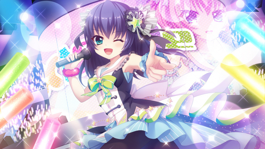 1girl ;d aqua_eyes audience black_pantyhose blue_dress blue_eyes blue_hair blue_skirt blue_wrist_cuffs bow breasts concert dot_nose dress dutch_angle film_grain finger_gun game_cg glowstick green_bow hair_ornament hiiragi_kae holding holding_microphone honjou_kasumi idol idol_clothes izumi_tsubasu lens_flare looking_at_viewer medium_breasts medium_hair microphone non-web_source official_art one_eye_closed open_mouth pantyhose pink_hair pink_scrunchie pointing pointing_at_viewer re:stage! sailor_collar screen scrunchie short_dress skirt smile solo sparkle stage stage_lights star_(symbol) two-tone_dress white_dress white_skirt wrist_cuffs wrist_scrunchie