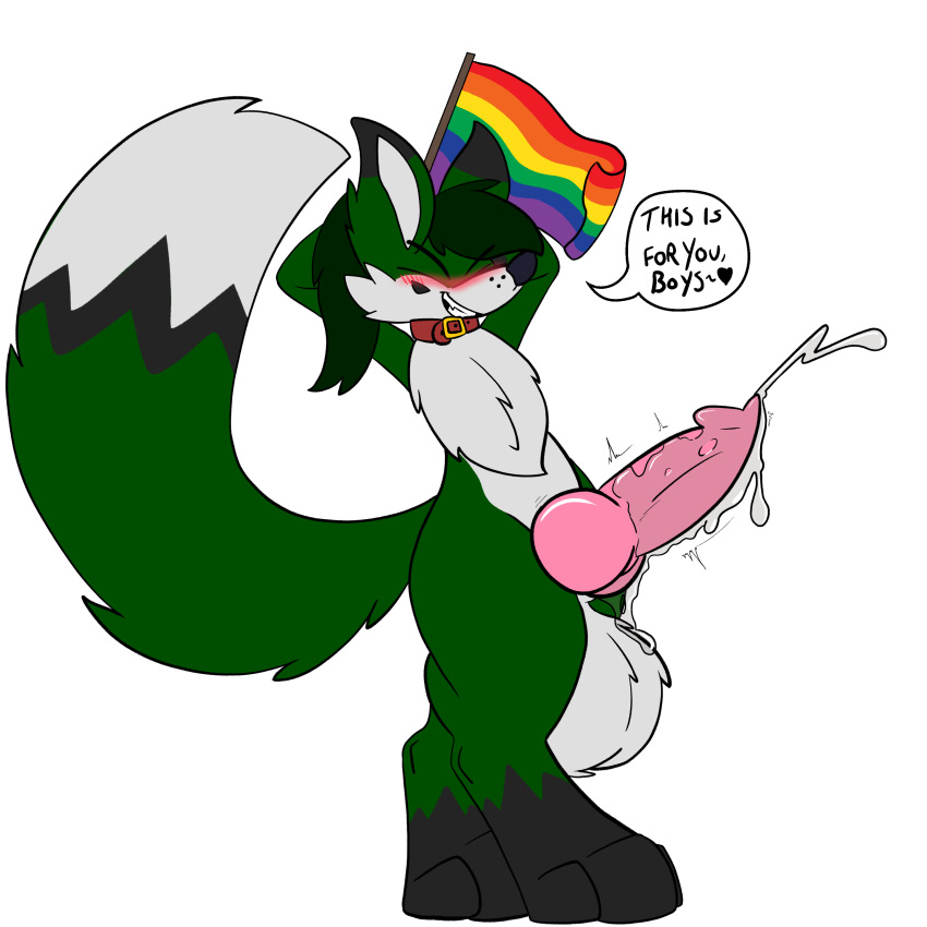 absurd_res animal_genitalia animal_penis anthro balls big_balls big_penis blush canid canine canine_penis collar digitigrade excessive_precum flag fox fur green_fur hi_res icedragondee_(artist) knot long_tail male mammal paws penis precum rainbow solo tuft zerofox