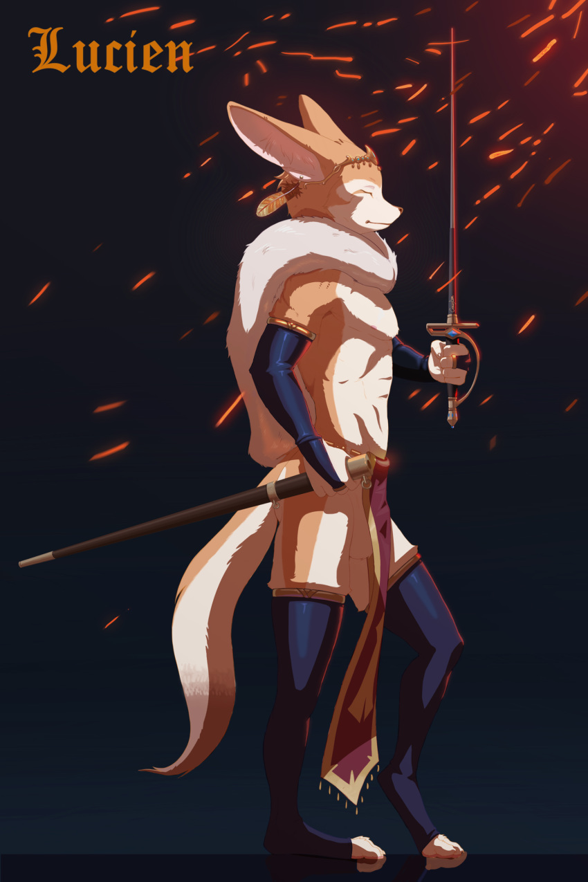 absurd_res balls canid canine circlet cloak clothing feathers fencing fennec fox fur half_naked hi_res kzlion legwear loincloth lucien(character) male mammal medieval melee_weapon simple_background solo sparkles stockings sword trinkets weapon