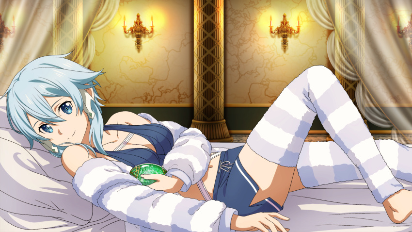 1girl barefoot bed_sheet blue_eyes blue_hair bra breasts candelabra candlestand cardigan cleavage closed_mouth curtains dolphin_shorts game_cg grey_bra grey_shorts hair_between_eyes hair_tubes highres indoors leg_warmers looking_at_viewer lying medium_breasts navel official_art on_back pillow short_hair_with_long_locks short_shorts shorts sinon_(solus) sleepwear smile solo striped_cardigan striped_leggings sword_art_online sword_art_online_last_recollection underwear