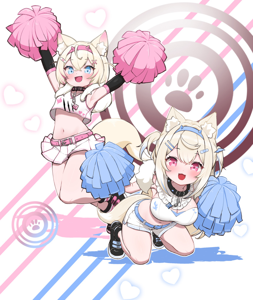 2girls :3 :d absurdres adapted_costume alternate_costume animal_ear_fluff animal_ears armpits arms_up bandaid bandaid_hair_ornament belt blonde_hair blue_belt blue_eyes blush breasts cheerleader collar collarbone crossed_bangs dog_ears dog_girl dog_tail elbow_gloves fang fuwawa_abyssgard fuwawa_abyssgard_(1st_costume) gloves hair_ornament highres hololive hololive_english kani_bonara kneeling large_breasts long_hair looking_at_viewer microskirt mococo_abyssgard mococo_abyssgard_(1st_costume) multiple_girls navel pink_belt pink_eyes pleated_skirt pom_pom_(cheerleading) short_hair shorts siblings sisters skirt smile stomach tail twins two_side_up virtual_youtuber white_background white_shorts white_skirt x_hair_ornament