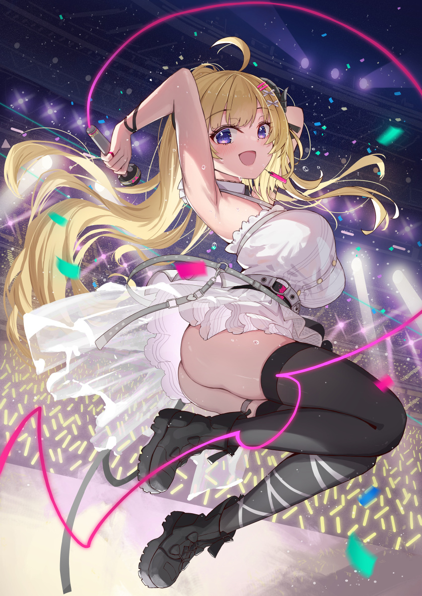 1girl absurdres ahoge animal_ears armpits arms_up black_footwear black_thighhighs blonde_hair blush breasts commentary_request confetti dress full_body glowstick hair_ornament hairclip highres holding holding_microphone hololive horns juu_p large_breasts legs_up long_hair looking_at_viewer microphone midair open_mouth purple_eyes sheep_ears sheep_girl sheep_horns short_dress smile solo stage sweat thigh_strap thighhighs tsunomaki_watame tsunomaki_watame_(watame_night_fever!!) virtual_youtuber white_dress