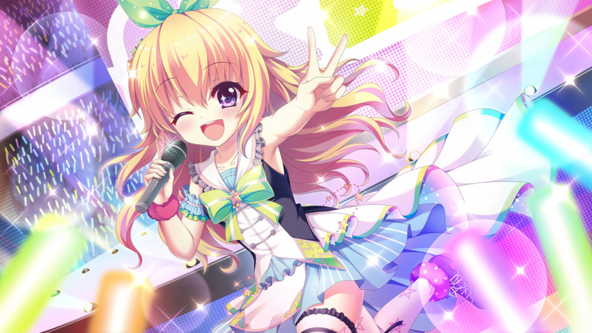 1girl ;d arm_garter blonde_hair blue_dress blue_skirt blurry blurry_foreground boots bow breasts collarbone colored_lights concert cross-laced_footwear dot_nose dress dutch_angle film_grain game_cg glowstick green_bow hair_ornament hasegawa_mii holding holding_microphone idol idol_clothes izumi_tsubasu layered_skirt lens_flare long_hair looking_at_viewer microphone non-web_source official_art one_eye_closed open_mouth outstretched_arm pink_scrunchie print_thighhighs purple_eyes purple_footwear re:stage! sailor_collar screen scrunchie skirt small_breasts smile solo sparkle sparkling_eyes stage stage_lights star_(symbol) star_print striped_clothes striped_skirt teeth thighhighs two-tone_dress upper_teeth_only vertical-striped_clothes vertical-striped_skirt white_dress white_skirt white_thighhighs zettai_ryouiki