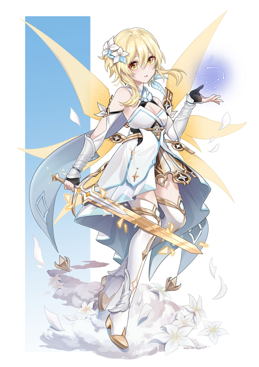 1girl blonde_hair boots breasts cleavage dress flower full_body genshin_impact hair_between_eyes hair_flower hair_ornament highres holding holding_sword holding_weapon lily030988 lumine_(genshin_impact) medium_breasts parted_lips short_dress short_hair_with_long_locks solo standing sword thigh_boots weapon white_dress white_flower white_footwear yellow_eyes yellow_wings zettai_ryouiki