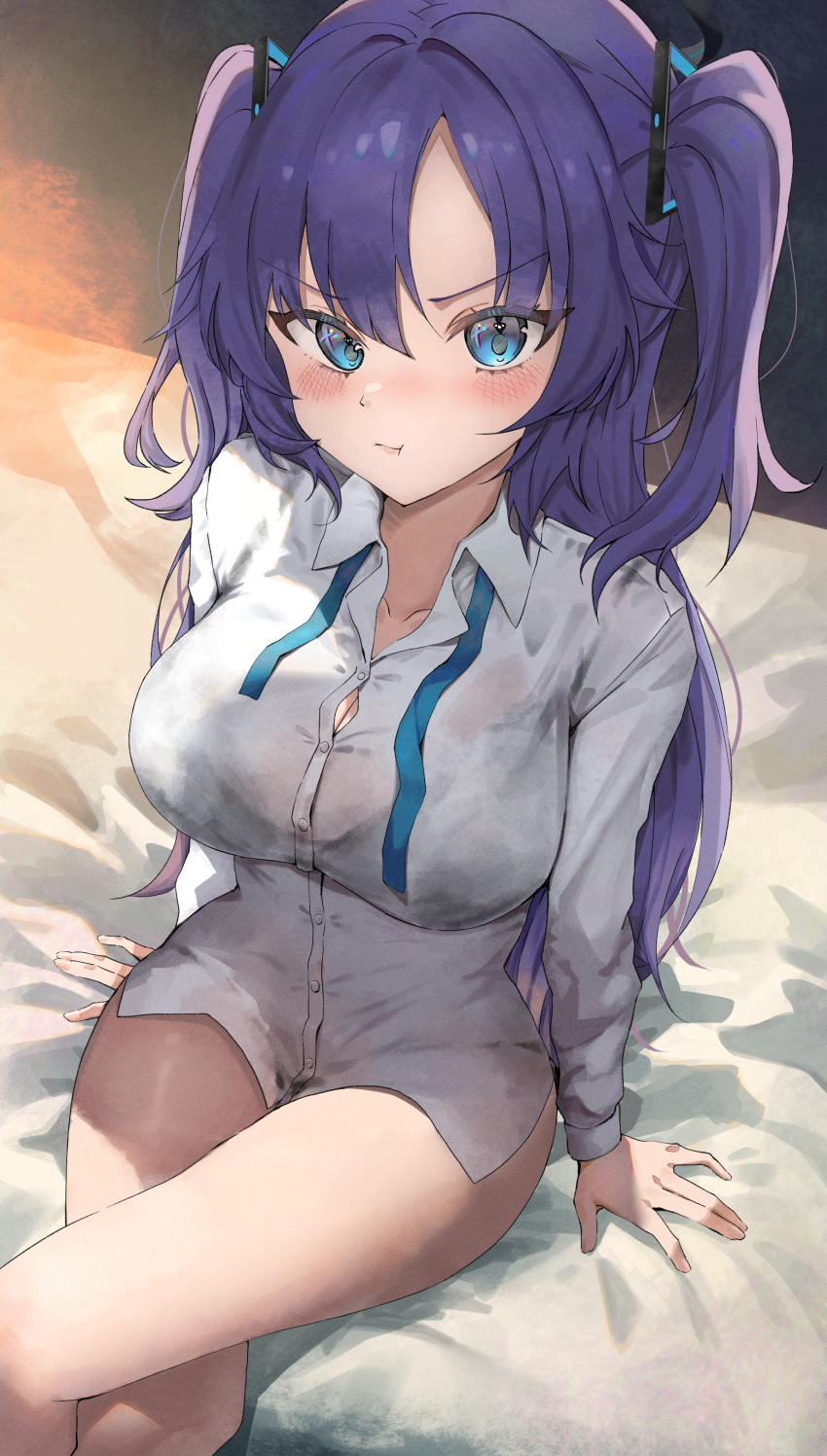 1girl absurdres angel_setsuna bed_sheet blue_archive blue_eyes blush breasts buttons cleavage closed_mouth collarbone collared_shirt crossed_legs feet_out_of_frame highres large_breasts long_hair long_sleeves looking_at_viewer no_pants pout purple_hair shirt sitting solo white_shirt yuuka_(blue_archive)