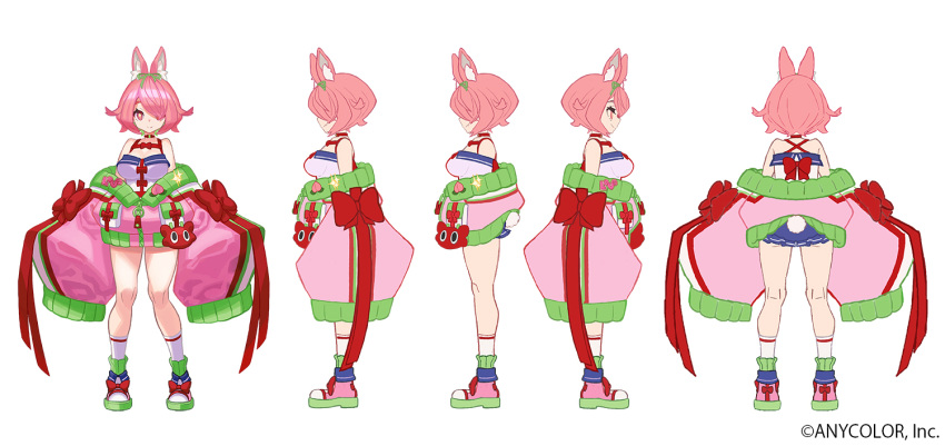 1girl animal_ears azuchi_momo azuchi_momo_(1st_costume) bare_shoulders blue_shorts bow breasts choker closed_mouth copyright_name copyright_notice crop_top full_body green_ribbon green_scrunchie hair_over_one_eye hair_ribbon jacket large_breasts long_sleeves looking_at_viewer multicolored_clothes multicolored_jacket multiple_views navel nijisanji off_shoulder official_art oversized_clothes pink_eyes pink_hair pink_jacket rabbit_ears rabbit_tail red_bow red_choker reference_sheet ribbon scrunchie second-party_source shirt shoes short_shorts shorts simple_background sleeveless sleeves_past_fingers sleeves_past_wrists smile sneakers socks tachi-e tail virtual_youtuber white_background white_shirt white_socks wrist_scrunchie yuuki_(irodo_rhythm)