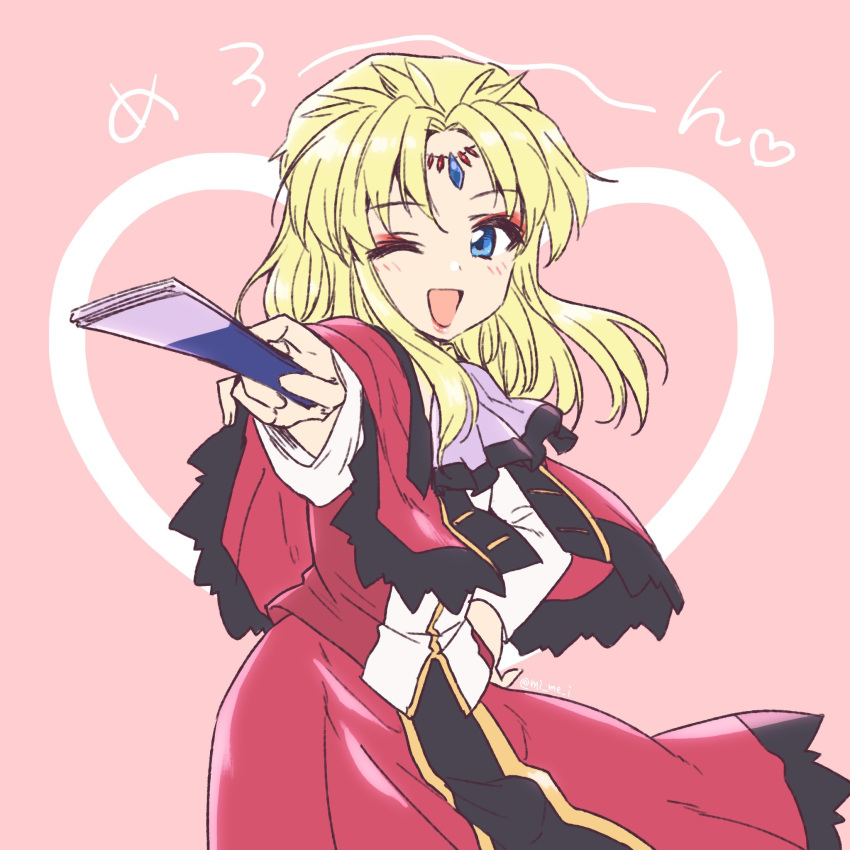 1girl aura_maha_khyber blonde_hair blue_eyes blush dress folded_fan folding_fan gundam gundam_seed_freedom hand_fan hand_on_own_hip heart highres holding holding_fan kuroi_mimei lolibaba long_hair looking_at_viewer one_eye_closed open_mouth red_dress smile