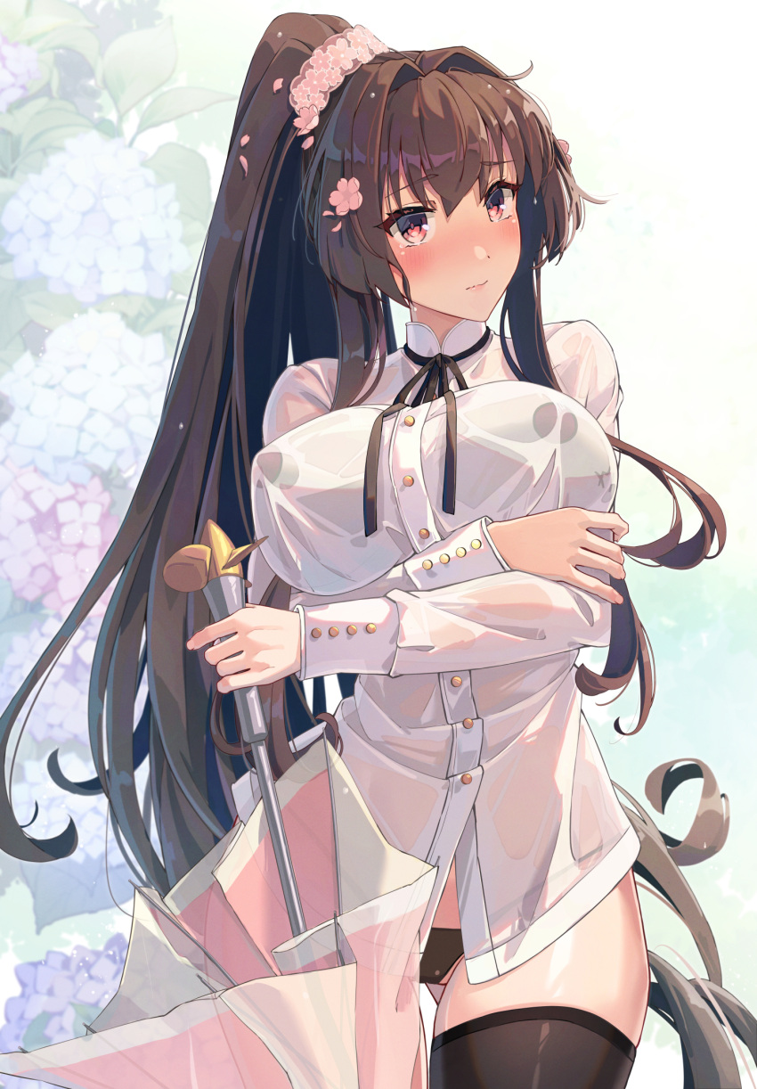1girl alternate_costume ass_visible_through_thighs black_panties black_thighhighs blush breasts brown_hair closed_mouth commentary_request crossed_arms floral_background hair_intakes high_ponytail highres himeyamato holding holding_umbrella kantai_collection large_breasts long_hair looking_at_viewer panties ponytail propeller red_eyes revision see-through shirt solo thighhighs umbrella underwear very_long_hair wet yamato_(kancolle) yamato_kai_ni_(kancolle)