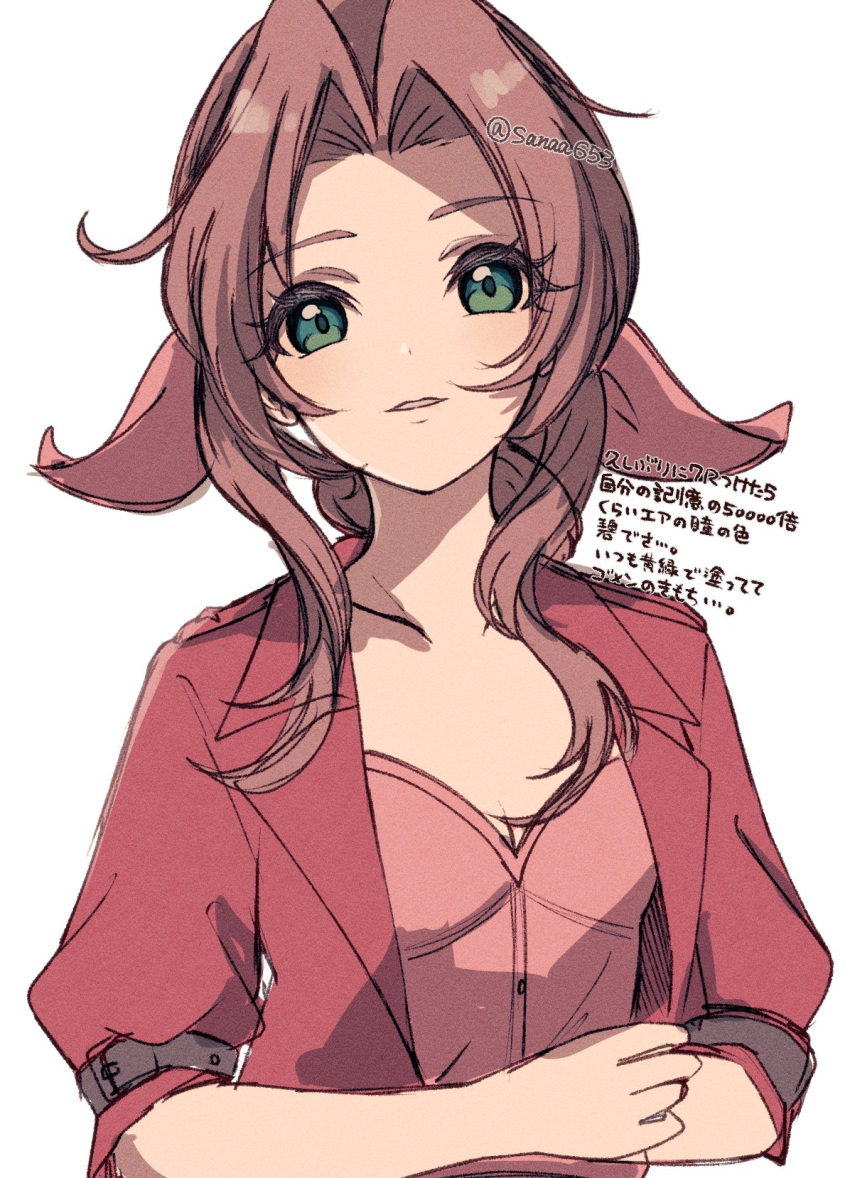 1girl aerith_gainsborough breasts brown_hair cleavage dress final_fantasy final_fantasy_vii final_fantasy_vii_remake green_eyes hair_ribbon highres jacket looking_at_viewer open_clothes open_jacket parted_lips pink_dress red_jacket ribbon sana_(sanaa653) solo twitter_username upper_body white_background