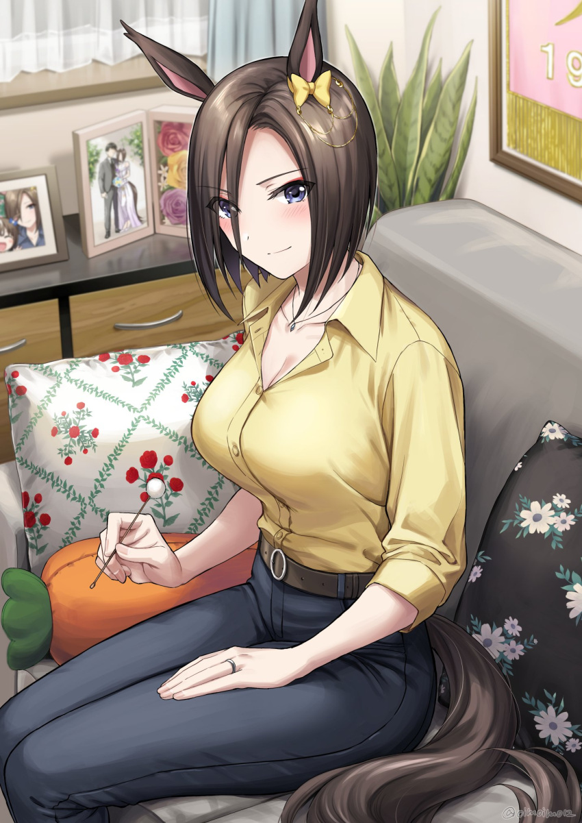 1girl air_groove_(umamusume) animal_ears belt black_belt blue_eyes blue_pants blush bob_cut bow breasts brown_hair carrot-shaped_pillow cleavage collarbone collared_shirt commentary_request copyright_name couch cover cover_image curtains ear_bow hand_on_lap highres holding horse_ears horse_girl horse_tail indoors jewelry kuguri_oimo mimikaki necklace on_couch pants photo_(object) picture_frame pillow ring shirt short_hair signature solo swept_bangs tail twitter_username umamusume wedding_photo wedding_ring yellow_bow yellow_shirt