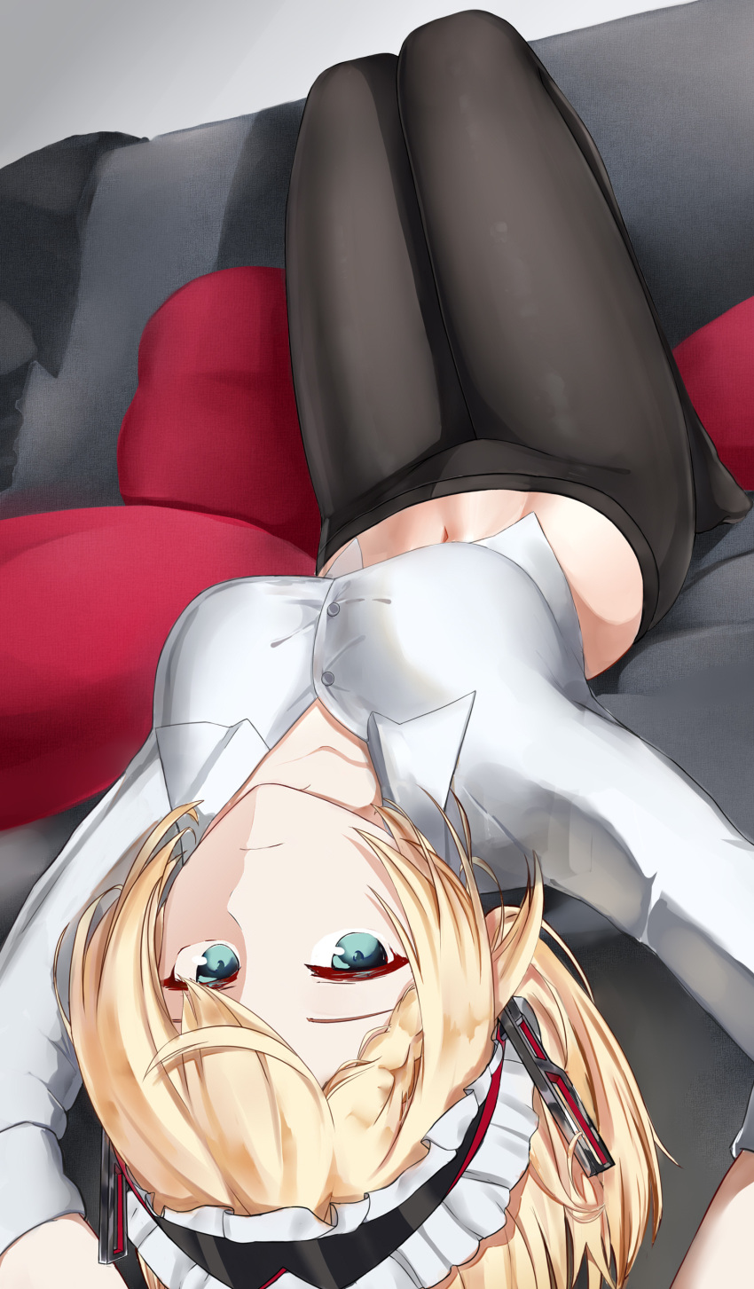 1girl absurdres black_pantyhose blonde_hair blue_eyes breasts collared_shirt expressionless g36_(girls'_frontline) girls'_frontline highres jagerskiy looking_at_viewer lying maid_headdress navel pantyhose pillow shirt solo white_shirt
