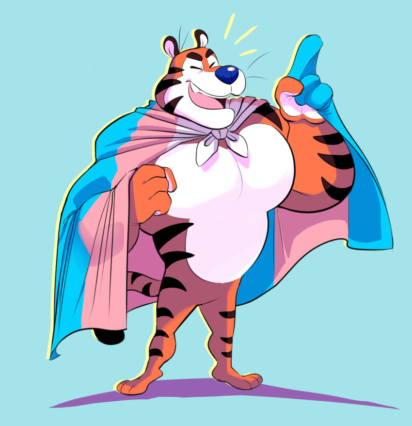 2019 anthro blue_nose felid frosted_flakes fur hi_res kellogg's male mammal mascot muscular pantherine pecs plum_(artist) pride_colors solo stripes tiger tony_the_tiger transgender_pride_flag