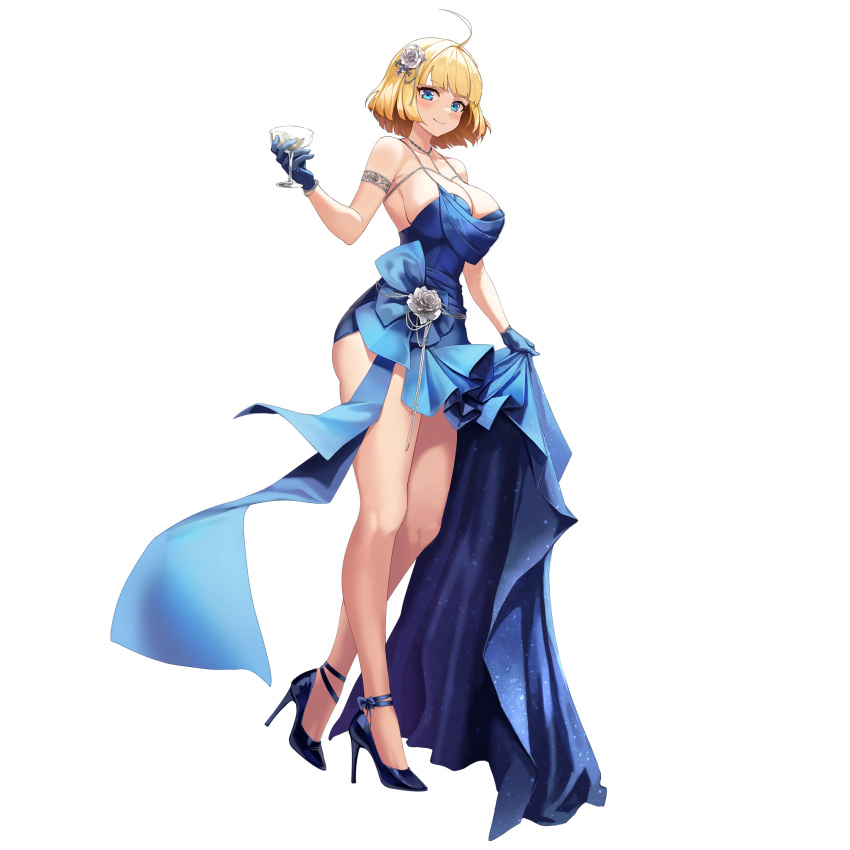 1girl ahoge alcohol armlet bare_shoulders blonde_hair blue_dress blue_eyes blue_footwear blue_gloves blue_ribbon blush bracelet breasts champagne cleavage closed_mouth collarbone cup d-log dress drinking_glass dutch_angle flower full_body gloves griffon_(last_origin) hair_flower hair_ornament half-skirt halter_dress halterneck heart heart-shaped_pupils high_heels highres holding holding_cup jewelry large_breasts last_origin long_dress long_skirt looking_at_viewer necklace official_alternate_costume official_art ribbon rose short_hair sideboob simple_background skirt skirt_hold sleeveless sleeveless_dress smile solo standing symbol-shaped_pupils tachi-e third-party_source transparent_background white_flower white_rose