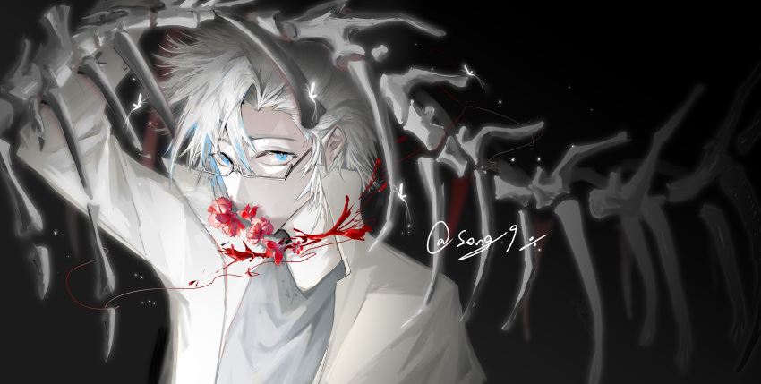 1boy absurdres arm_up blue_eyes blue_hair bone flower flower_over_mouth glasses grey_shirt highres jacket kanou_aogu long_sleeves male_focus multicolored_hair open_clothes open_jacket pale_skin rectangular_eyewear red_flower saibou_shinkyoku semi-rimless_eyewear shirt short_hair solo white_jacket yizixiao39348