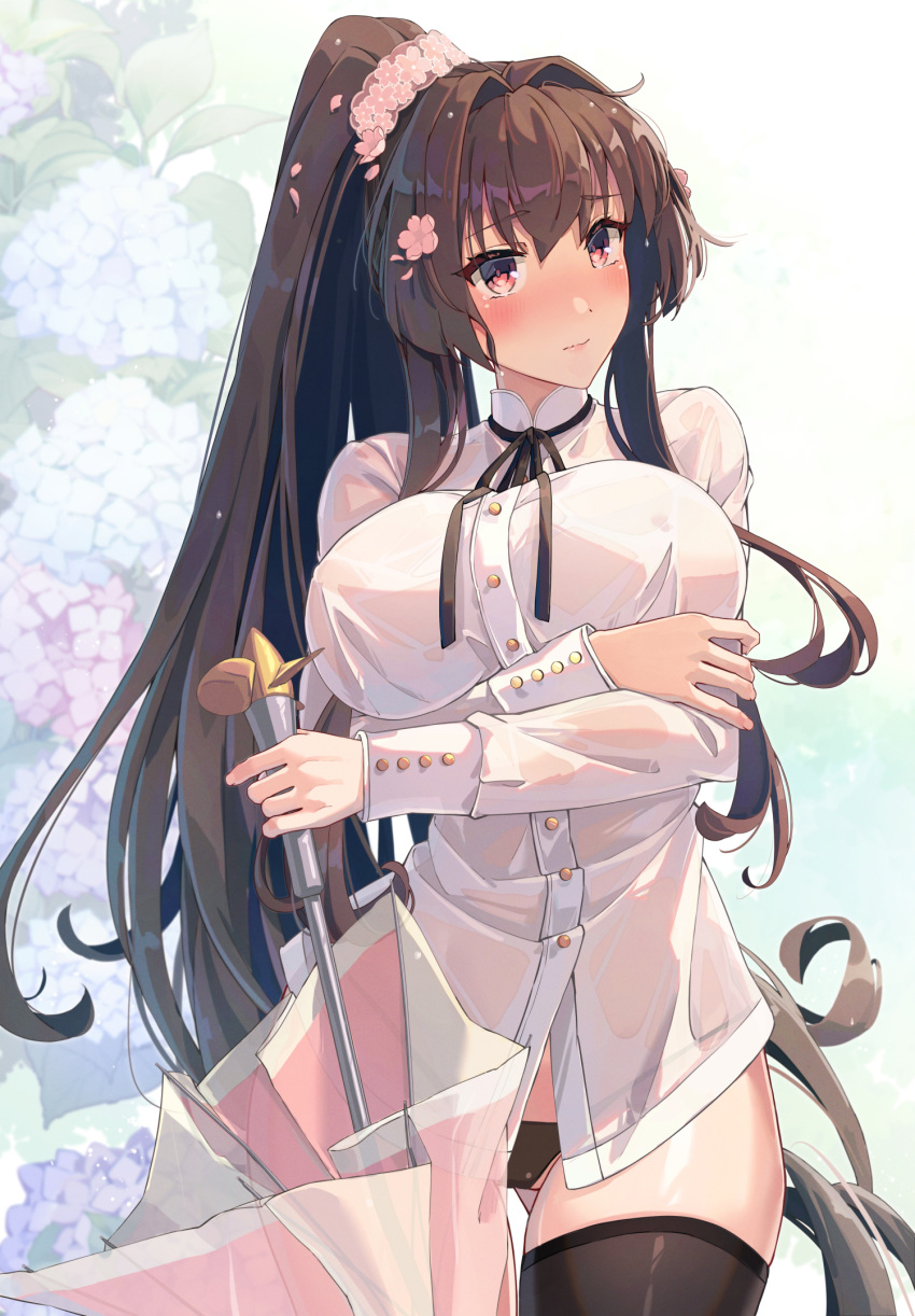 1girl alternate_costume artist_name ass_visible_through_thighs black_panties black_thighhighs blush breasts brown_hair closed_mouth commentary_request crossed_arms dated floral_background hair_intakes high_ponytail highres himeyamato holding holding_umbrella kantai_collection large_breasts long_hair looking_at_viewer panties ponytail propeller red_eyes revision shirt solo thighhighs umbrella underwear very_long_hair white_shirt yamato_(kancolle)