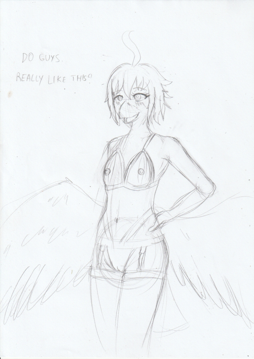 anthro arc_rose avian beak bird blind blush breasts clothing dialogue disability female genitals hi_res lingerie monochrome nipples pussy sketch small_breasts solo traditional_media_(artwork) wings