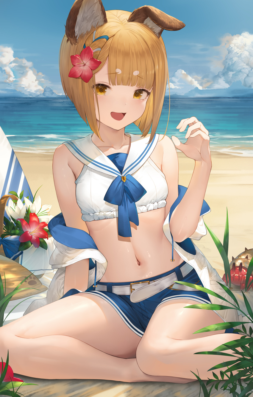 1girl :d absurdres animal animal_ear_fluff animal_ears bare_shoulders beach bikini blonde_hair blue_shorts blue_sky breasts brown_eyes cg_(2686805355) cloud collarbone commentary_request day drawstring erune flower granblue_fantasy hair_flower hair_ornament hand_up hermit_crab highres jacket looking_at_viewer navel ocean off_shoulder open_clothes open_jacket outdoors puffy_short_sleeves puffy_sleeves red_flower sand short_hair short_shorts short_sleeves shorts sitting sky small_breasts smile solo swimsuit vajra_(granblue_fantasy) water white_bikini white_flower white_jacket yokozuwari