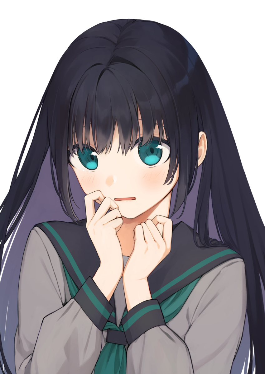 1girl asuka_gin black_hair blue_eyes blush commentary hands_on_own_face highres long_hair long_sleeves looking_at_viewer neckerchief open_mouth original school_uniform serafuku solo symbol-only_commentary upper_body