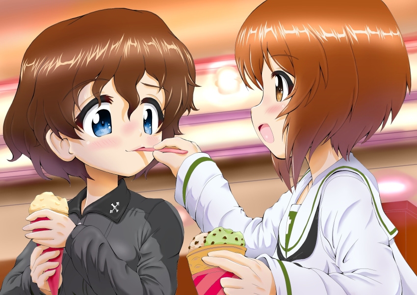 2girls absurdres akaboshi_koume bangs black_neckwear blouse blue_eyes brown_eyes brown_hair closed_mouth commentary_request daxz240r dress_shirt eyebrows_visible_through_hair feeding food girls_und_panzer grey_shirt highres holding holding_food ice_cream_cone insignia kuromorimine_school_uniform light_blush long_sleeves looking_at_another multiple_girls neckerchief nishizumi_miho ooarai_school_uniform open_mouth school_uniform serafuku shirt short_hair smile spoon_in_mouth wavy_mouth white_blouse