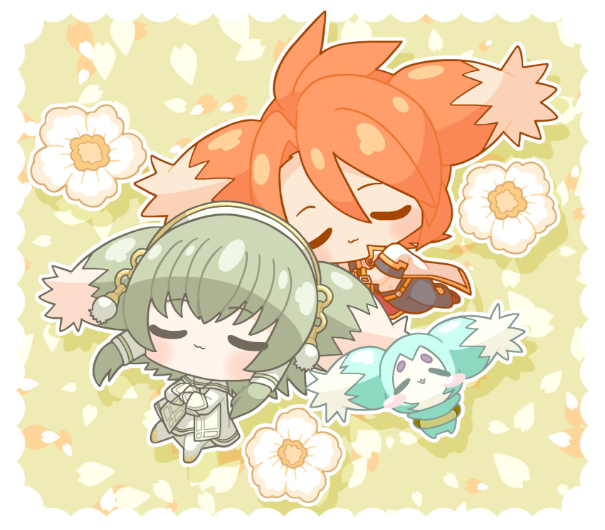 3boys :3 border chibi closed_eyes closed_mouth crossed_arms flower from_above gold_trim green_background green_hair hair_between_eyes highres ion_(tales) jacket lorelei_0314 luke_fon_fabre lying male_focus mieu_(tales) multiple_boys on_back red_hair tales_of_(series) tales_of_the_abyss white_border white_flower white_jacket