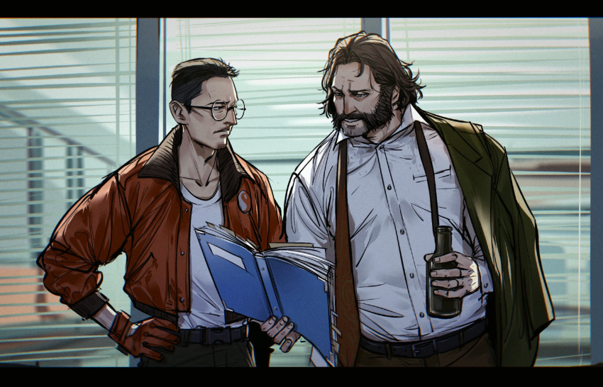 2boys belt black_hair bottle brown_hair collared_jacket collared_shirt crossover disco_elysium facial_hair glasses gloves green_jacket hair_slicked_back harry_du_bois highres holding holding_bottle holding_notebook jacket kim_kitsuragi multiple_boys mustache mutton_chops necktie notebook nyeigneous open_clothes open_jacket orange_jacket parody shirt true_detective undone_necktie white_shirt