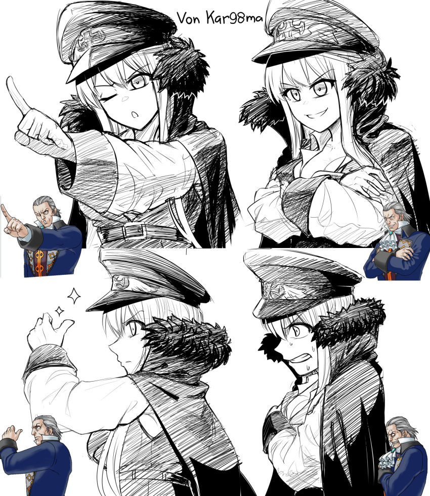 1boy 1girl closed_mouth cross crossed_arms english_commentary fur_trim girls'_frontline hat highres iron_cross kar98k_(girls'_frontline) long_hair manfred_von_karma military_hat monochrome multiple_boys open_mouth peaked_cap pose_imitation reference_inset senpaihawkkun serious simple_background smile smug sweat upper_body white_background