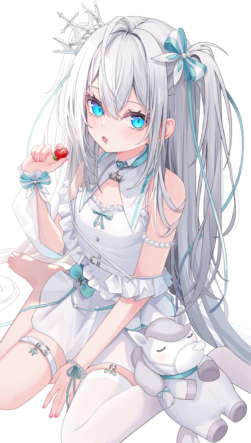 1girl 333shishishi333 absurdres blue_eyes bow commission crown dress food fruit grey_hair hair_bow highres holding holding_food holding_fruit indie_virtual_youtuber long_hair looking_at_viewer mini_crown open_mouth petr_petrichor single_barefoot single_thighhigh sitting skeb_commission solo strawberry stuffed_horse thigh_strap thighhighs two_side_up wariza white_dress white_thighhighs