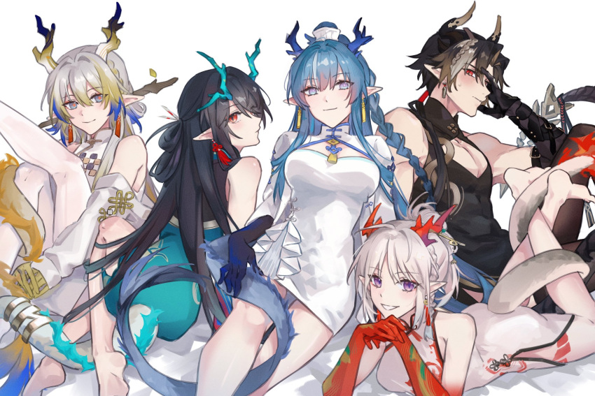 1boy 4girls arknights ayami_chan_0122 bare_shoulders black_hair black_skin blue_eyes blue_hair blue_skin blush bracelet breasts brother_and_sister brown_hair china_dress chinese_clothes choker chong_yue_(arknights) cleavage_cutout clothing_cutout colored_extremities colored_skin crossdressing detached_sleeves dragon_boy dragon_girl dragon_horns dragon_tail dress dusk_(arknights) dusk_(everything_is_a_miracle)_(arknights) earrings feet_out_of_frame full_body gradient_hair gradient_skin green_hair grey_hair highres horns jewelry legs_up ling_(arknights) ling_(it_does_wash_the_strings)_(arknights) long_hair long_sleeves looking_at_viewer lying multicolored_hair multiple_girls nian_(arknights) nian_(unfettered_freedom)_(arknights) official_alternate_costume on_stomach pointy_ears purple_eyes red_eyes red_hair red_skin short_hair shu_(arknights) siblings sisters sleeveless sleeveless_dress streaked_hair tail tassel tassel_earrings very_long_hair white_dress white_hair