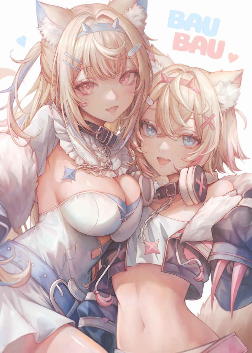 2girls animal_ears bandaid bandaid_hair_ornament blonde_hair blue_eyes blue_hair breasts collar colored_inner_animal_ears cropped_shirt dog_ears dog_girl fake_claws fang fuwawa_abyssgard hair_ornament hairband hama_guri headphones headphones_around_neck highres hololive hololive_english horn_hairband large_breasts long_hair looking_at_viewer mococo_abyssgard multicolored_hair multiple_girls navel open_mouth pink_eyes pink_hair pink_hairband short_hair siblings sisters skin_fang smile streaked_hair twins virtual_youtuber