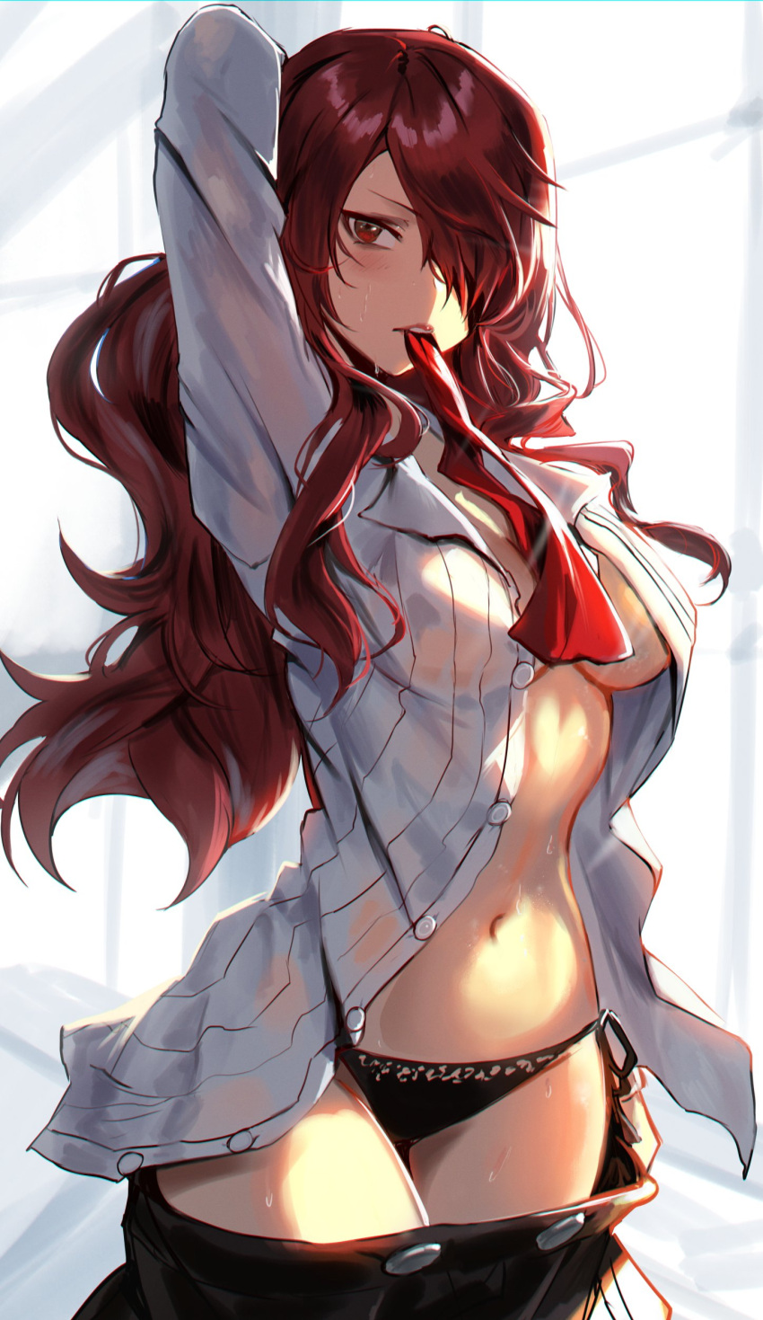 1girl absurdres adamosina black_panties blush breasts hair_over_one_eye highres kirijou_mitsuru long_hair looking_at_viewer navel panties persona persona_3 persona_3_reload red_eyes red_hair school_uniform shirt solo sweat underwear undressing