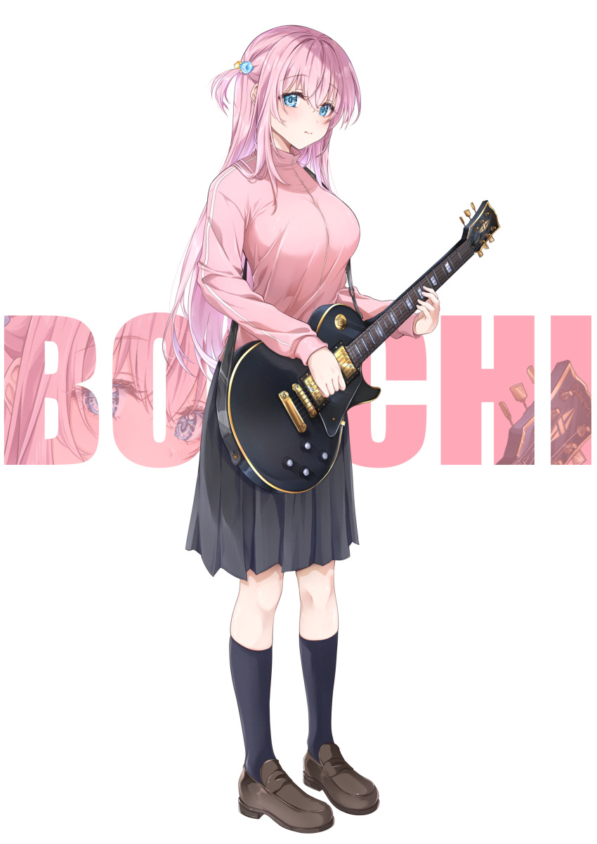 1girl absurdres black_skirt black_socks blush bocchi_the_rock! breasts character_name cube_hair_ornament electric_guitar full_body gibson_les_paul gotoh_hitori guitar hair_ornament highres holding holding_instrument instrument jacket kneehighs large_breasts looking_at_viewer one_side_up pink_hair pink_jacket pleated_skirt school_uniform simple_background skirt socks solo track_jacket yoru0409 zoom_layer