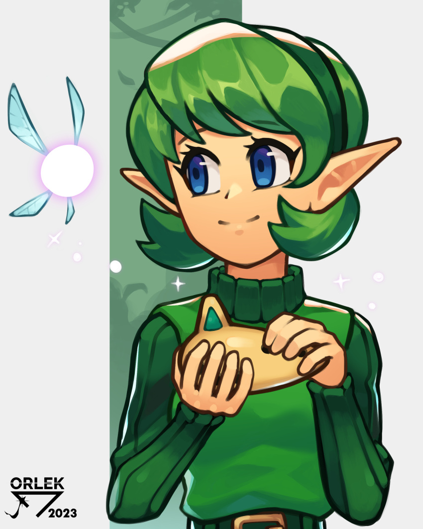 1girl absurdres artist_name belt blue_eyes closed_mouth commentary elf eyelashes fairy fairy_wings floating green_hairband hairband highres holding holding_instrument instrument kokiri navi ocarina orlek pointy_ears saria_(zelda) short_hair smile sparkle sweater the_legend_of_zelda the_legend_of_zelda:_ocarina_of_time turtleneck turtleneck_sweater wings