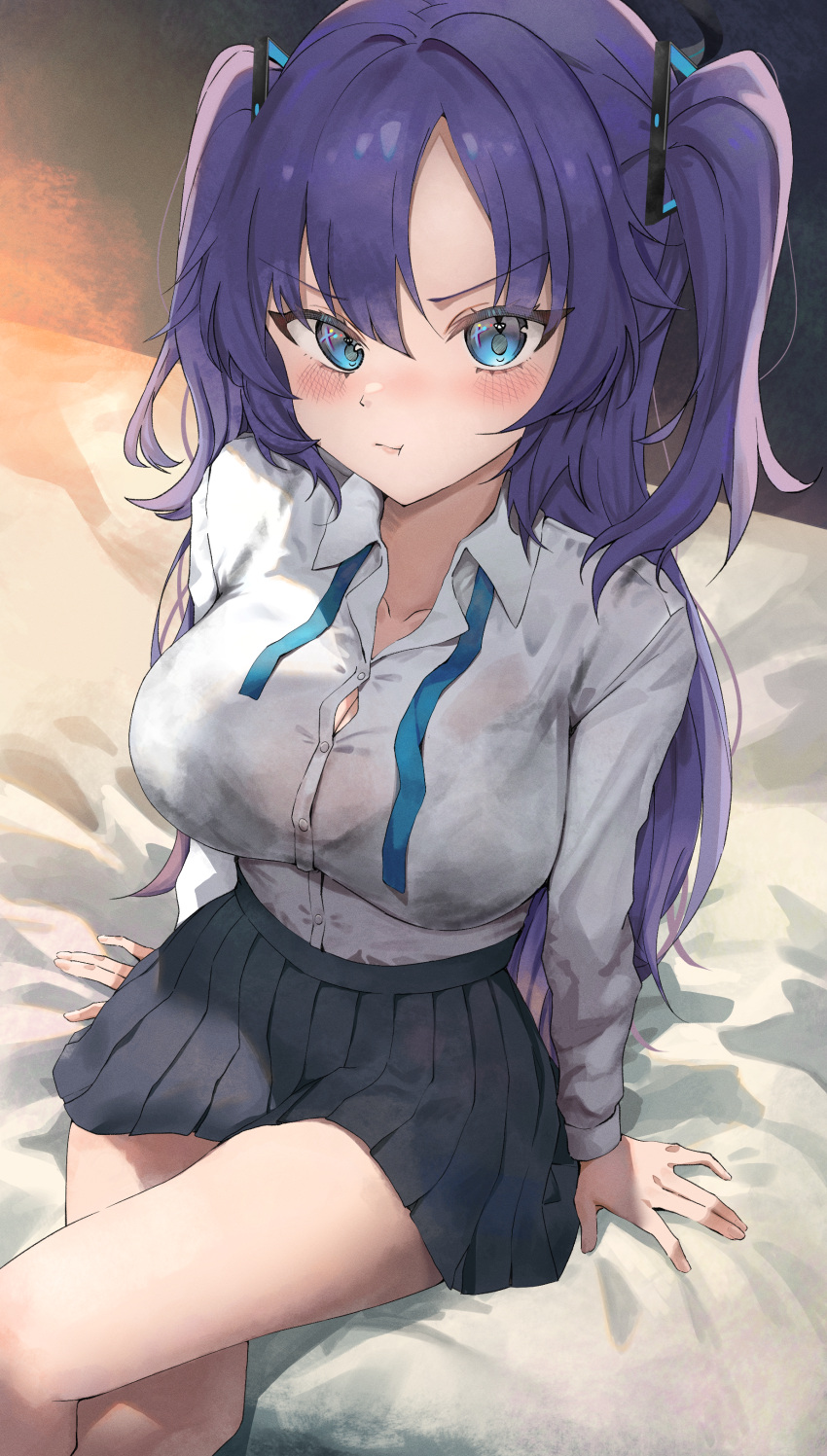 1girl absurdres angel_setsuna bed_sheet black_skirt blue_archive blue_eyes blush breasts buttons cleavage closed_mouth collarbone collared_shirt crossed_legs feet_out_of_frame highres large_breasts long_hair long_sleeves looking_at_viewer pleated_skirt pout purple_hair shirt sitting skirt solo white_shirt yuuka_(blue_archive)