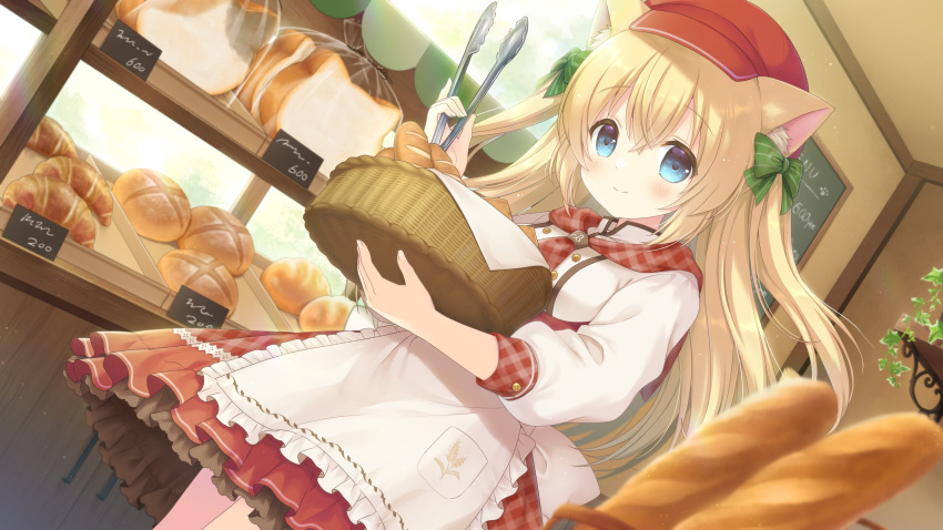 1girl absurdres animal_ears apron bakery basket blonde_hair blue_eyes blush bread cat_ears cat_girl commission dutch_angle food highres holding kemamire long_hair looking_at_viewer original red_headwear red_skirt shop skeb_commission skirt smile solo white_apron