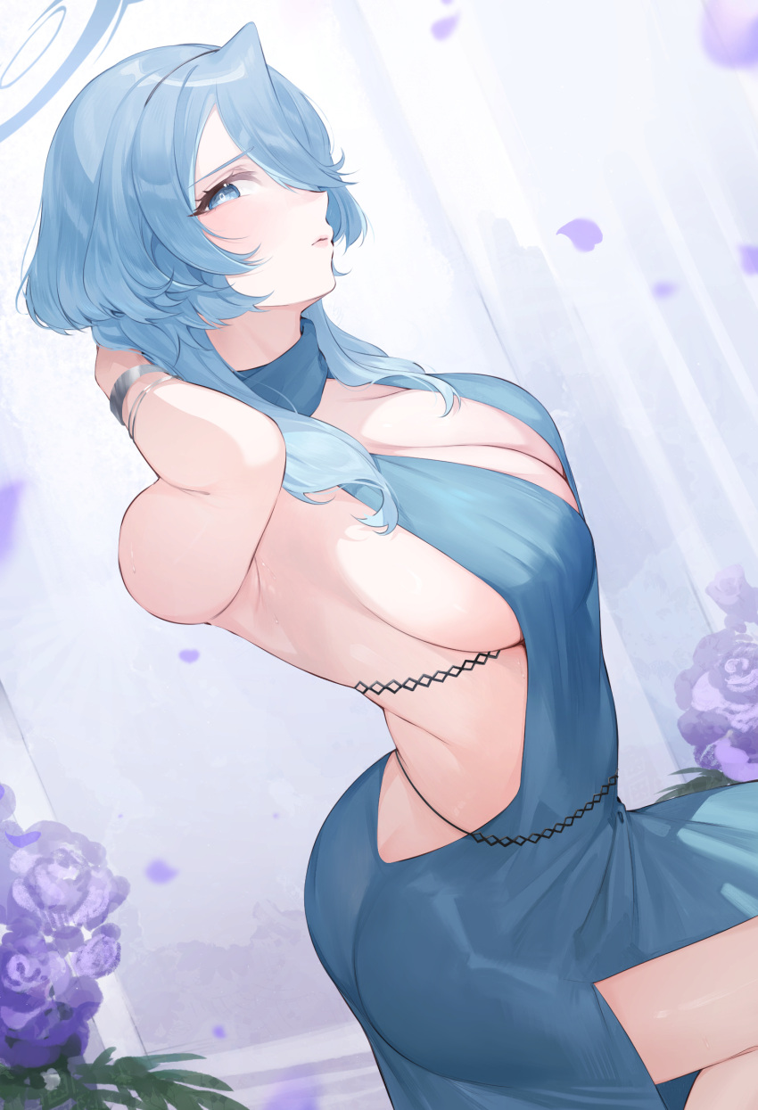 1girl ako_(blue_archive) ako_(dress)_(blue_archive) arm_behind_head armpit_peek ass backless_dress backless_outfit blue_archive blue_dress blue_eyes blue_hair breasts cleavage commentary dress falling_petals flower from_side highres koyo_akio large_breasts official_alternate_costume petals purple_flower sideboob sideways_glance sideways_mouth solo