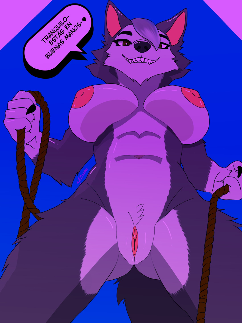 absurd_res anthro big_breasts black_text breasts canid canine canis digital_media_(artwork) domestic_dog female fur gasket_(paw_patrol) genitals hair hi_res holding_object holding_rope husky low-angle_view mammal nordic_sled_dog nude paw_patrol pink_speech_bubble pussy rope simple_background solo spanish_text spitz text trackerpaw translated