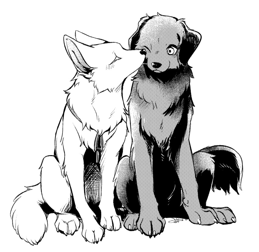 2024 ambiguous_gender berger_blanc_suisse bird_dog black_and_white black_body black_fur black_nose canid canine canis cheek_tuft cody_(tsukune_minaga) digital_media_(artwork) domestic_dog duo eyes_closed facial_tuft felicia_(tsukune_minaga) feral flat_coated_retriever floppy_ears fluffy fluffy_tail fur halftone herding_dog hi_res hunting_dog kissing_cheek lop_ears mammal monochrome monotone_body monotone_fur neck_ribbon one_eye_closed pastoral_dog prick_ears quadruped retriever romantic romantic_couple side_by_side signature tail tsukune_minaga tuft white_body white_fur