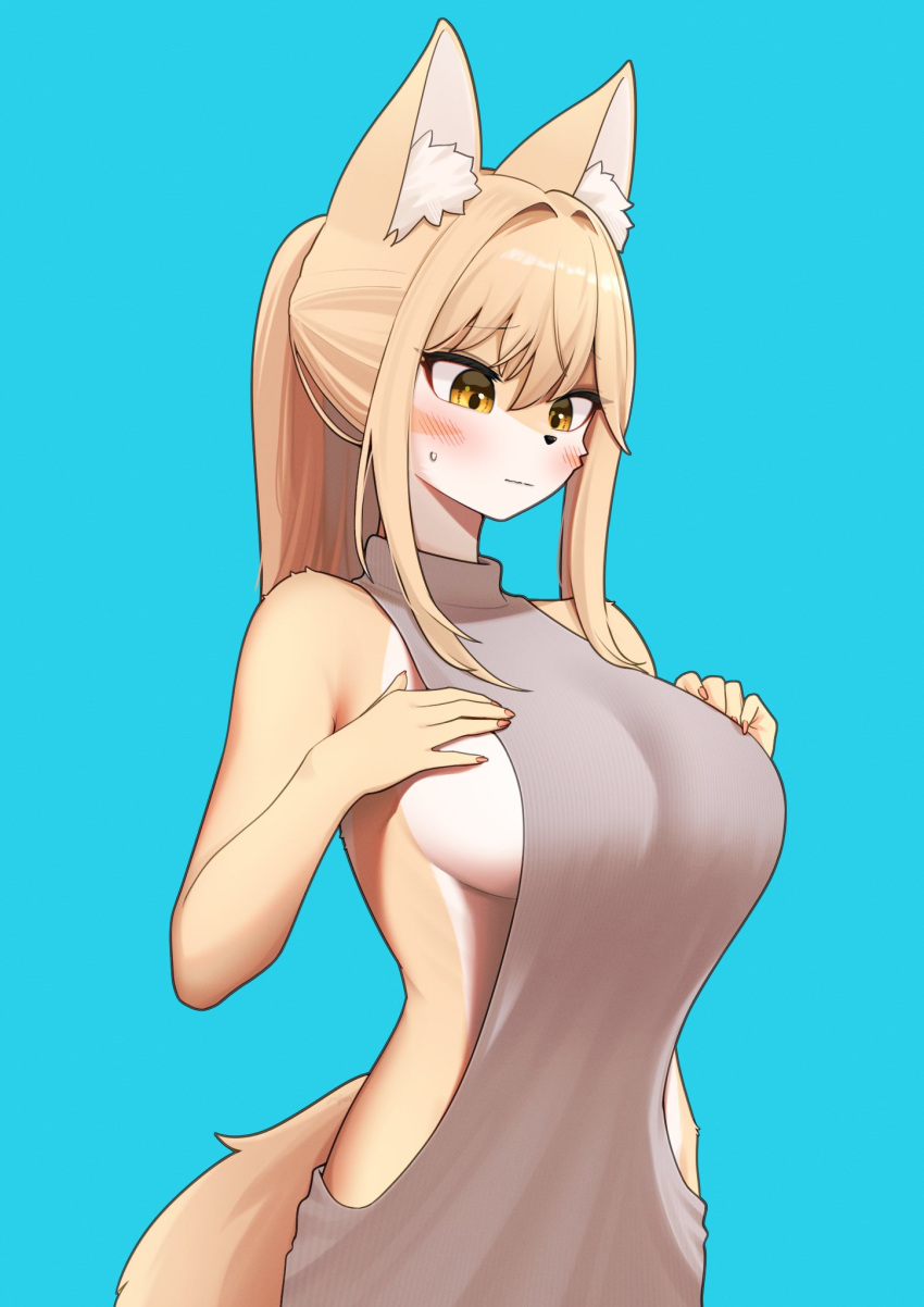 1girl alternate_breast_size animal_ear_fluff animal_ears animal_nose blonde_hair blush body_fur breasts closed_mouth fox_ears fox_girl fox_tail furry furry_female grey_sweater hands_on_own_breasts highres jeifier_(korfiorano01) large_breasts long_hair meme_attire original sidelocks simple_background sleeveless sleeveless_sweater snout solo sweater tail two-tone_fur virgin_killer_sweater white_fur yellow_eyes yellow_fur