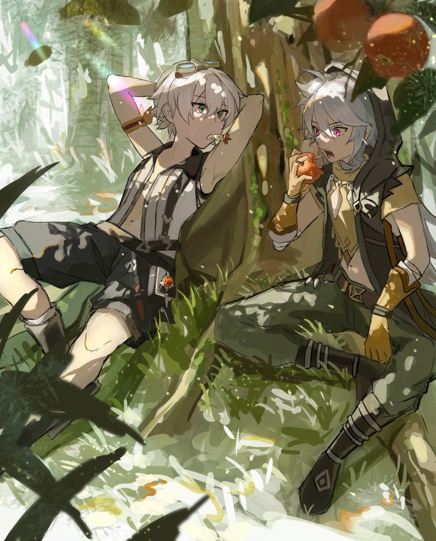 2boys ahoge apple armpits arms_behind_head bennett_(genshin_impact) bishounen boots eating food fruit full_body genshin_impact goggles goggles_on_head green_eyes grey_hair highres holding holding_food holding_fruit hood long_hair male_focus multiple_boys open_mouth razor_(genshin_impact) red_apple red_eyes sitting tourou_7 tree tree_shade white_hair