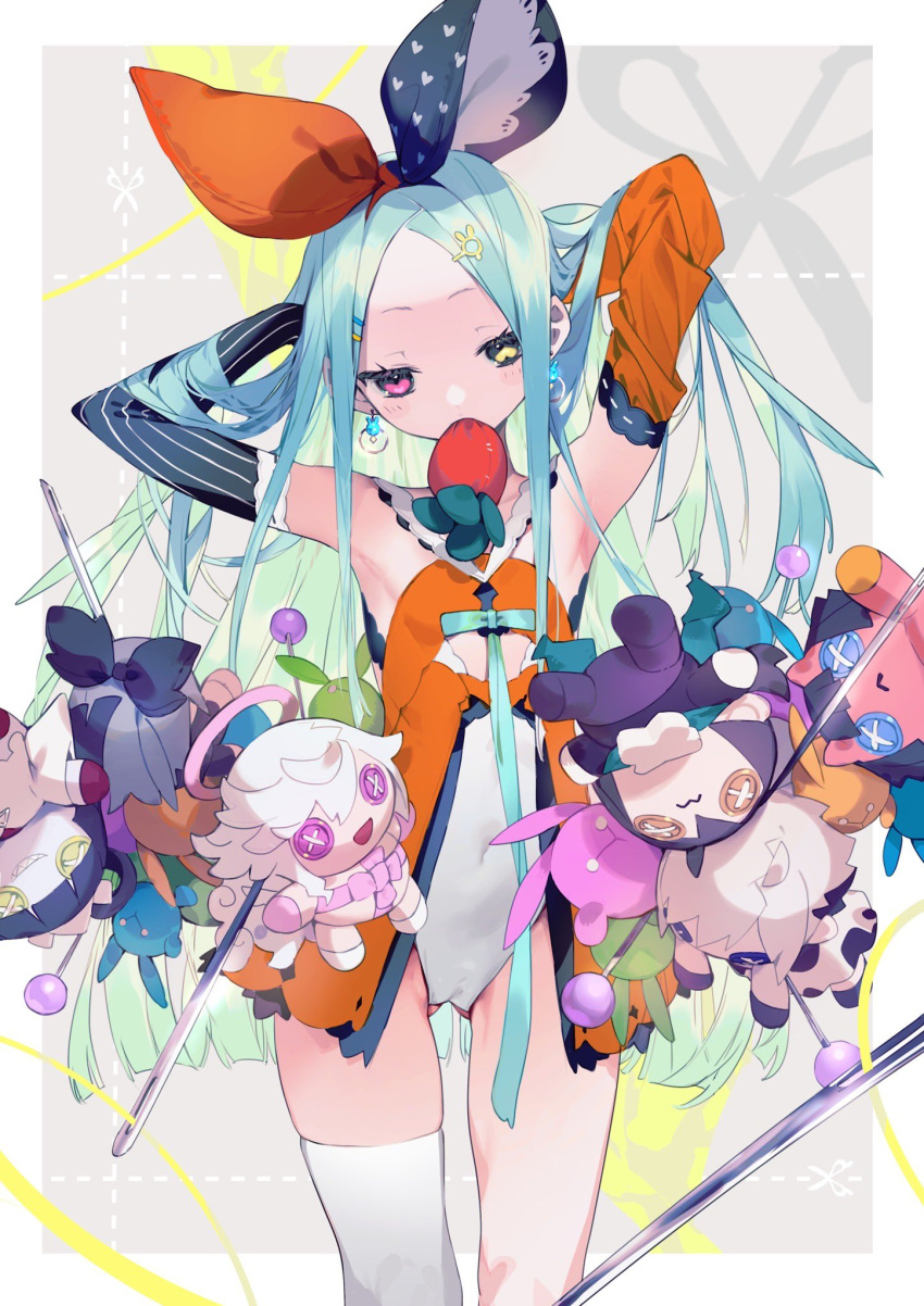 1girl aqua_hair arms_behind_head arms_up ass_visible_through_thighs breasts bukurote carrot_rabbit_(bukurote) character_doll detached_sleeves earrings green_hair hair_ornament hairclip hands_in_own_hair heterochromia highres jewelry leotard long_hair mouth_hold multicolored_hair needle original pink_eyes sewing_needle simple_background single_thighhigh small_breasts solo stuffed_toy thighhighs very_long_hair yellow_eyes