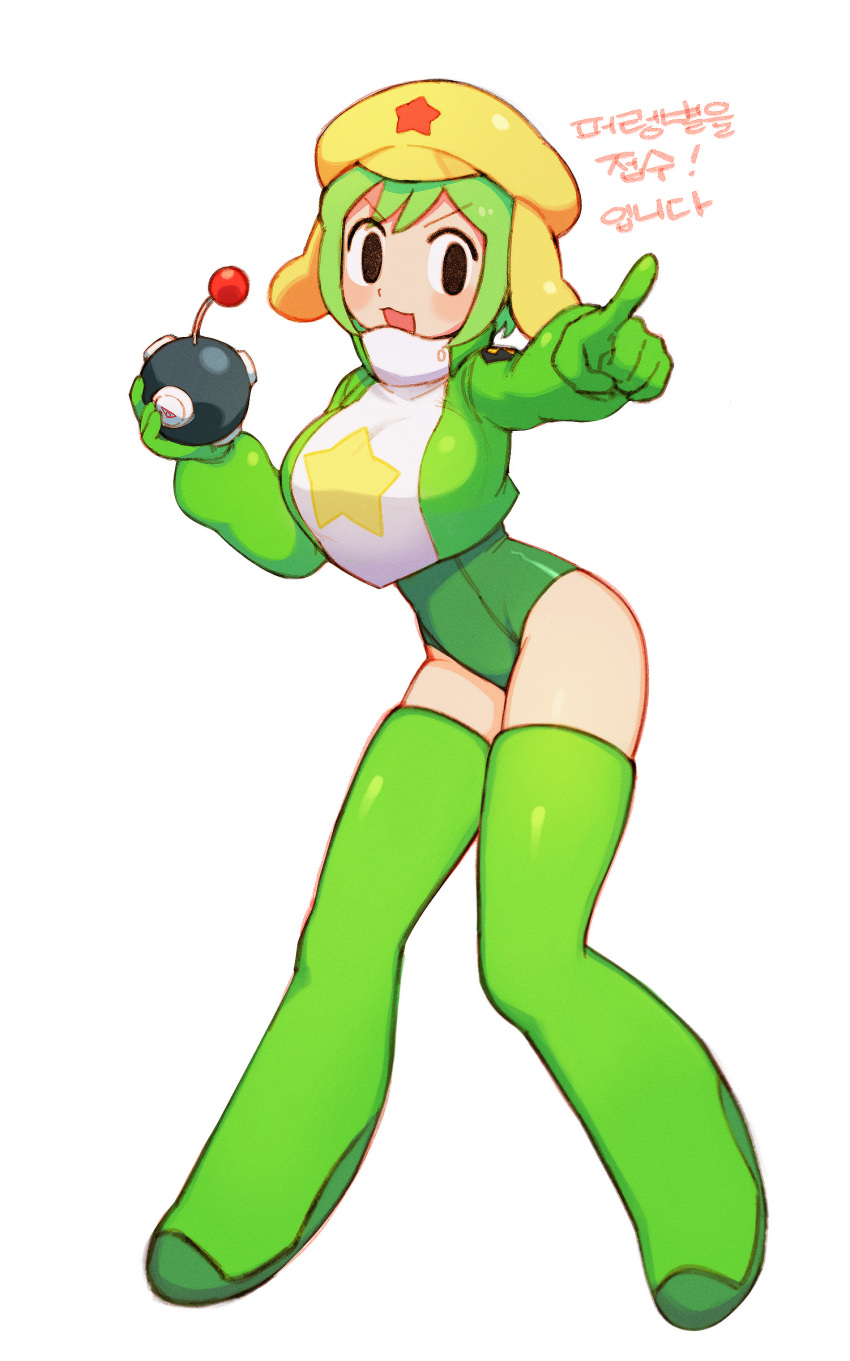 1girl absurdres batrobin_k black_eyes bomb boots breasts explosive full_body gloves green_footwear green_gloves green_hair highres holding holding_bomb keroro keroro_gunsou korean_text large_breasts long_sleeves looking_at_viewer open_mouth personification pointing short_hair simple_background solo thigh_boots translation_request white_background