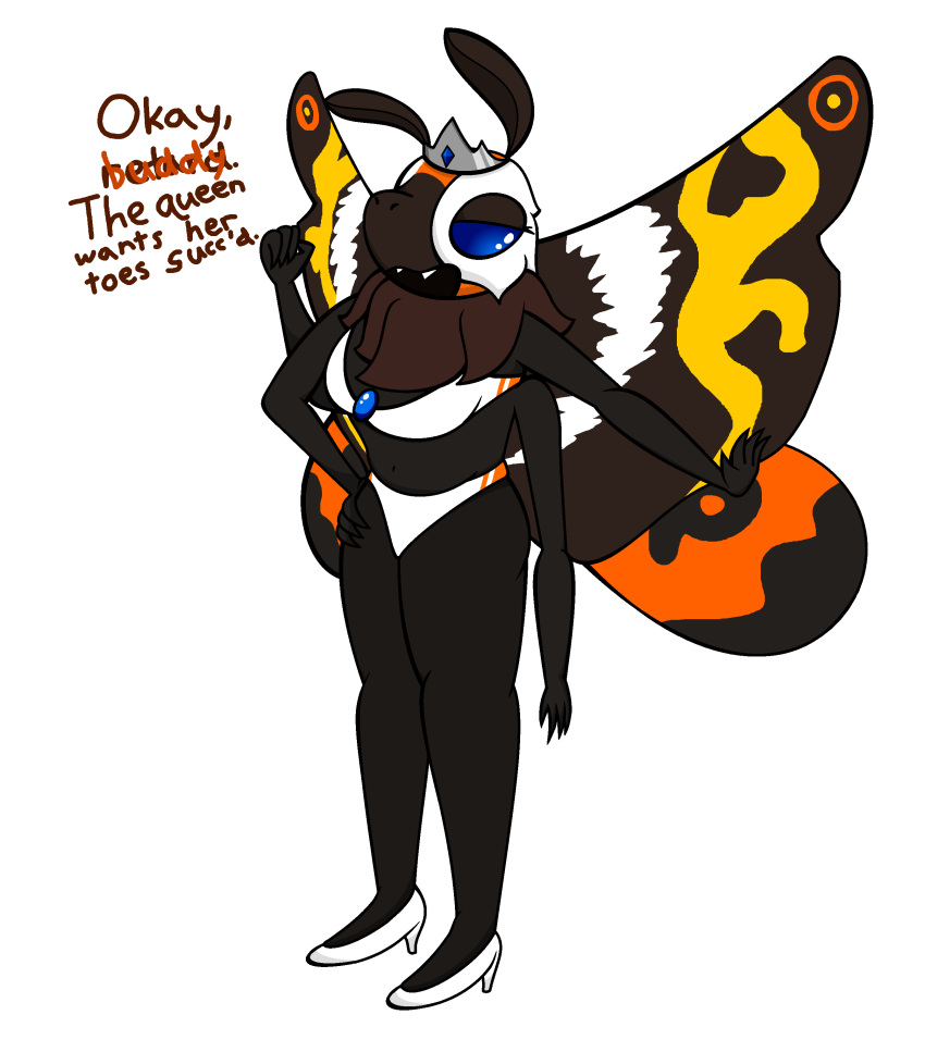 absurd_res anthro arthropod bikini clothing dialogue feathertron female footwear hi_res high_heels insect lepidopteran moth mothra mothra_(series) shoes six_limbs solo swimwear toho wings