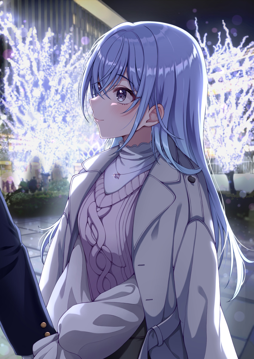 1girl absurdres blue_hair blush closed_mouth coat coat_on_shoulders crossed_bangs hair_between_eyes highres holding_hands idolmaster idolmaster_shiny_colors jewelry long_hair long_sleeves looking_at_another necklace night producer_(idolmaster) purple_eyes ribbed_sweater smile solo_focus sorugi_park straight_hair suzuki_hana sweater white_coat