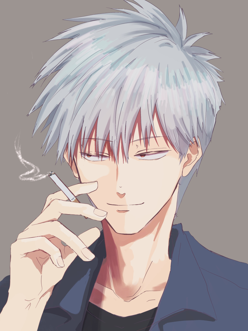 1boy absurdres akagi:_yami_ni_oritatta_tensai akagi_shigeru black_shirt cigarette closed_mouth collared_shirt commentary_request fugusashi_(fgss2089) fukumoto_mahjong grey_background grey_shirt hair_between_eyes highres holding holding_cigarette long_bangs looking_to_the_side male_focus shirt short_hair simple_background smile smoke smoking solo undershirt upper_body