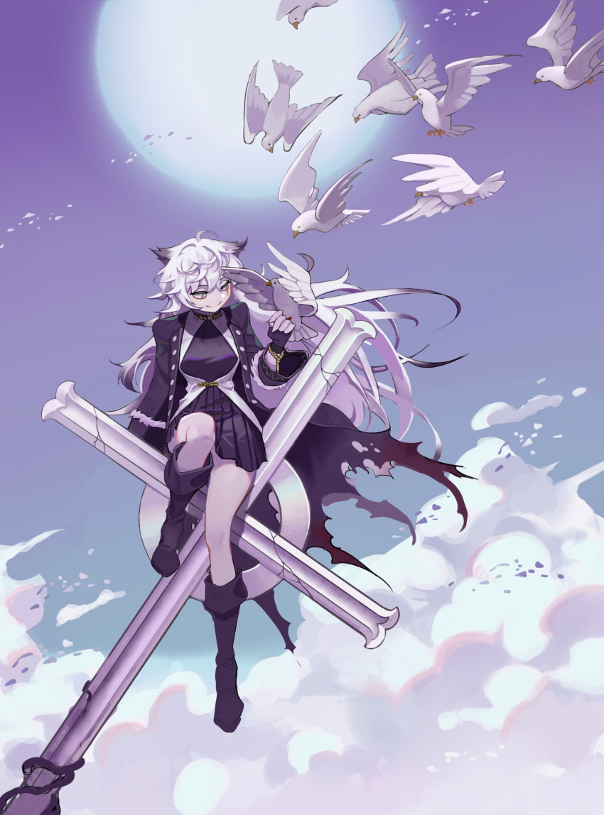 1girl ahoge animal animal_ears arknights bird bird_on_hand black_cape black_coat black_dress black_footwear boots buttons cape closed_mouth cloud coat cross dove dress duanlie_heng_xian full_body grey_eyes grey_sky hair_between_eyes hand_up highres knee_boots knee_up lappland_(arknights) latin_cross long_hair long_sleeves looking_at_animal looking_to_the_side messy_hair open_clothes open_coat pleated_dress purple_sky rope scar scar_across_eye short_dress sitting sky smile solo split_mouth torn_cape torn_clothes unbuttoned white_bird white_hair wind wolf_ears wolf_girl