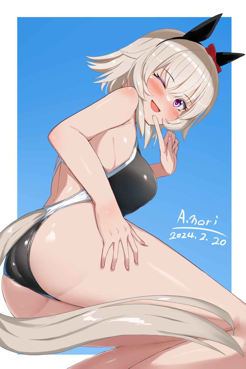 1girl a.nori absurdres animal_ears armpits artist_name ass blue_background blush breasts commentary_request competition_swimsuit curren_chan_(umamusume) dated grey_hair highleg highres horse_ears horse_tail medium_breasts medium_hair one-piece_swimsuit one_eye_closed pointing pointing_at_self simple_background solo swimsuit tail umamusume